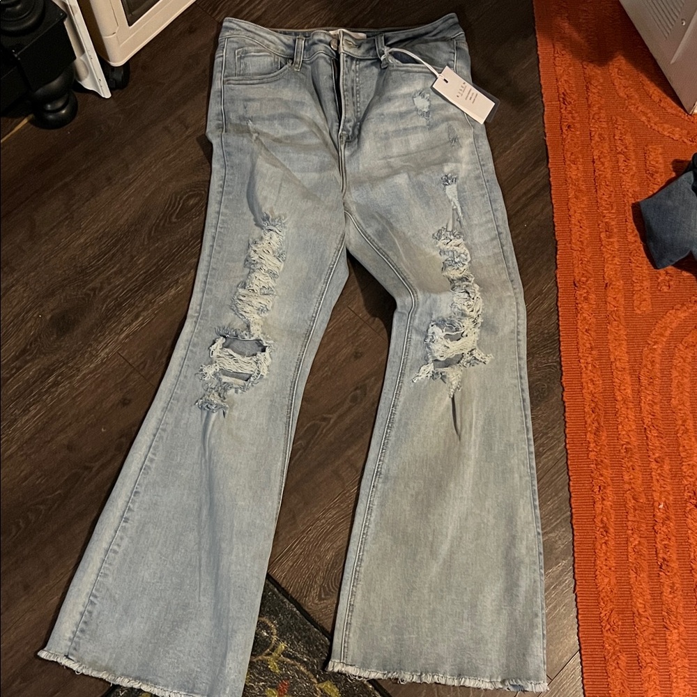 Trendy Light Blue Distressed Wide Leg Jeans